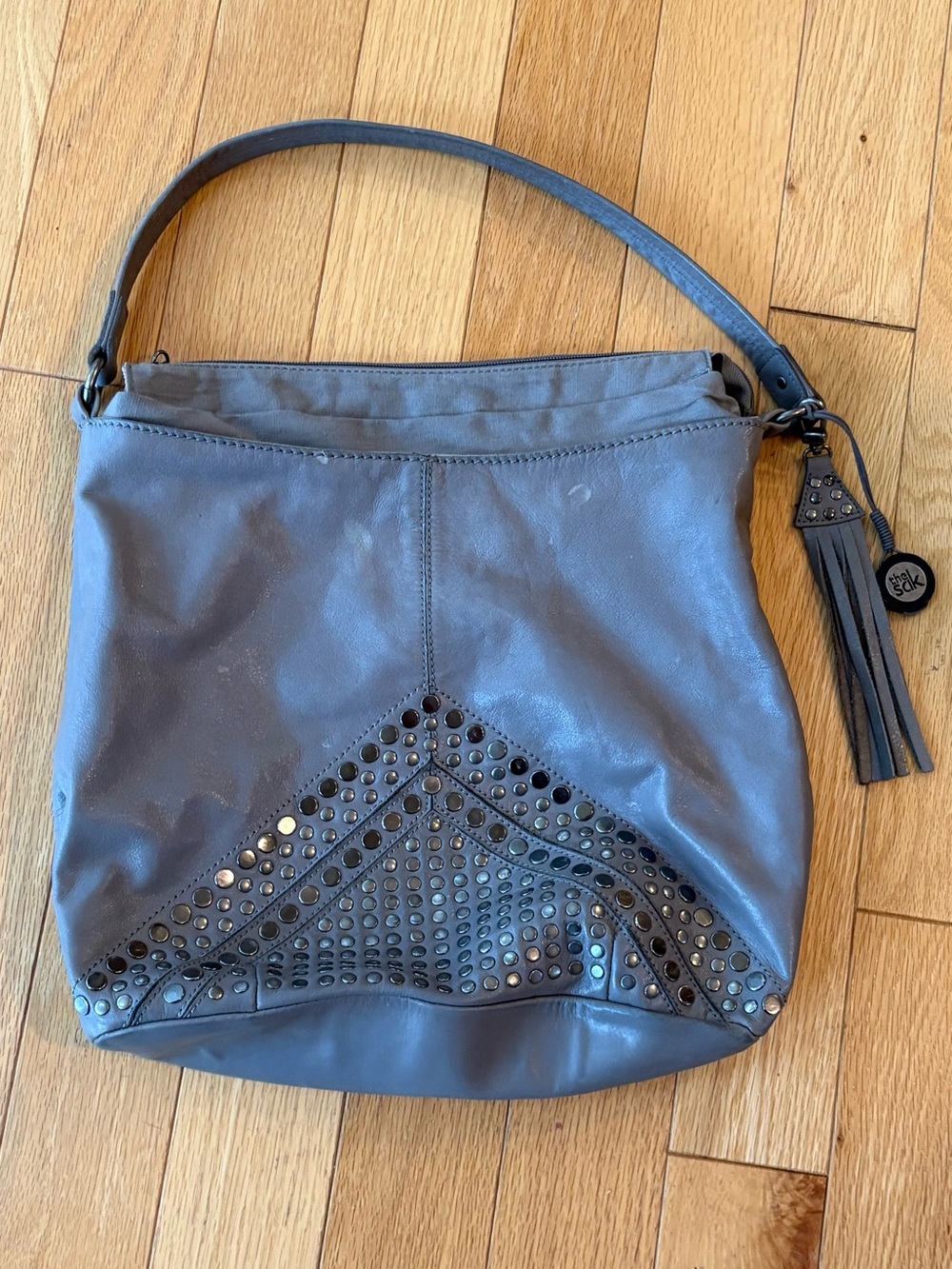 The Sak Indio Gray Hobo Leather Studded Fringe Tassel! Excellent Condition!